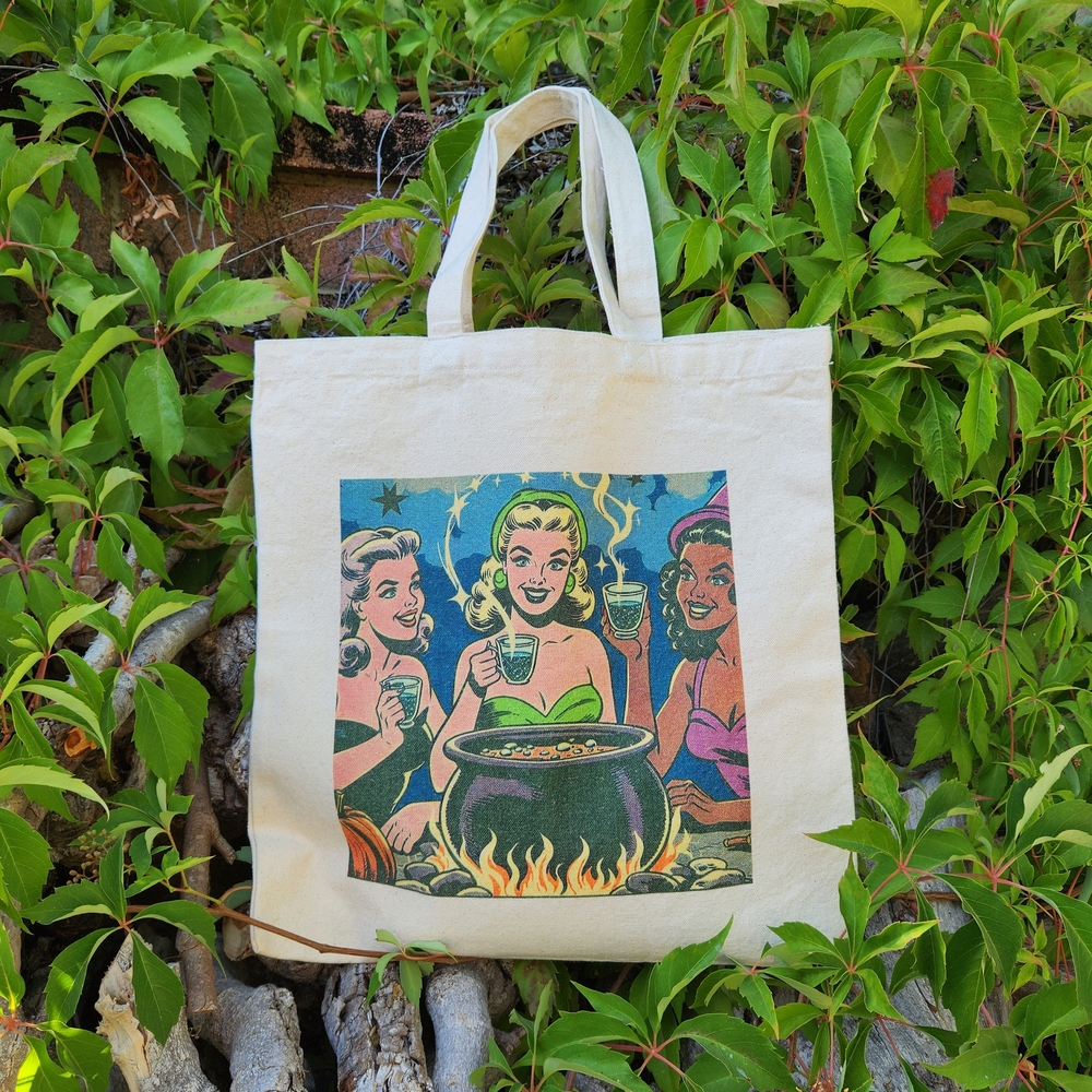 Retro Graphic Canvas Tote Bag 'Drink Up, Witches!'
